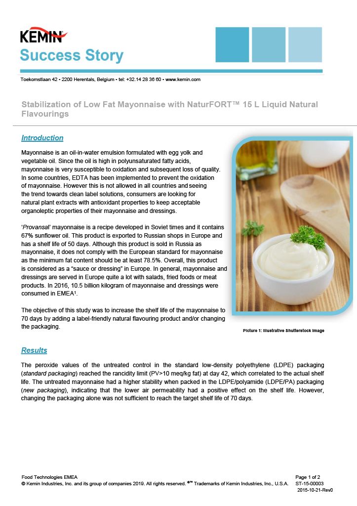 Stabilization of Low Fat Mayonnaise with NaturFORT 15 L Liquid Natural Flavourings