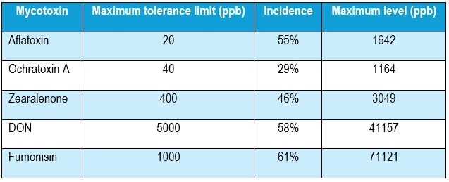 Various mycotoxin tolerance levels and incidences