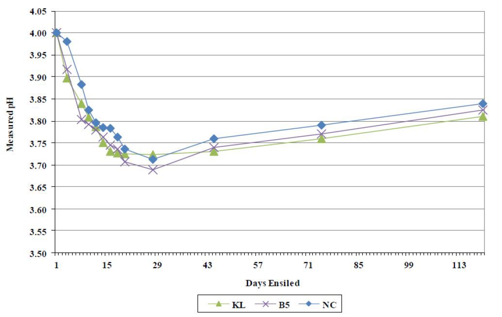 Patterns for pH change in corn silage through 120 days in silos