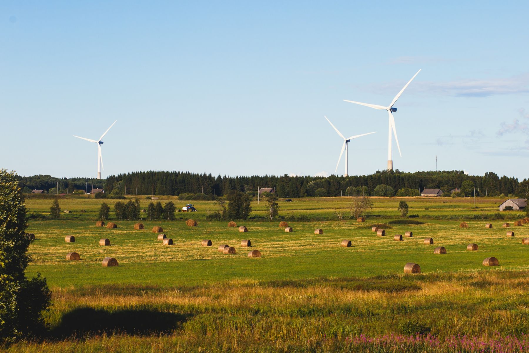 Estonian rural country landscape with forest, field and wind generators on the road to Tallinn, Estonia