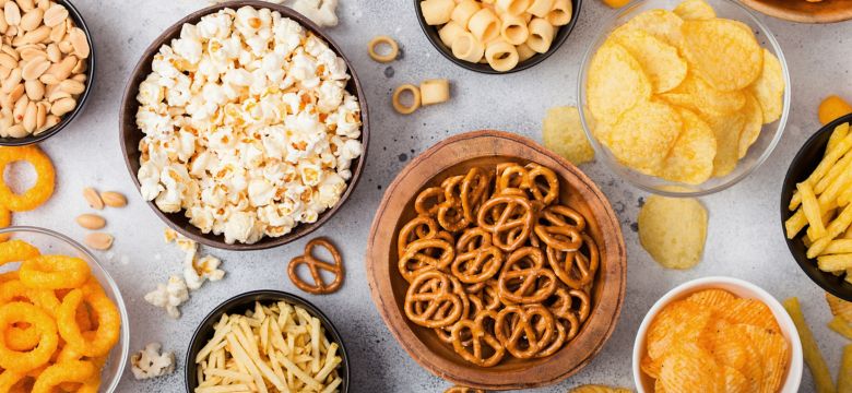 Snack foods spread on table
