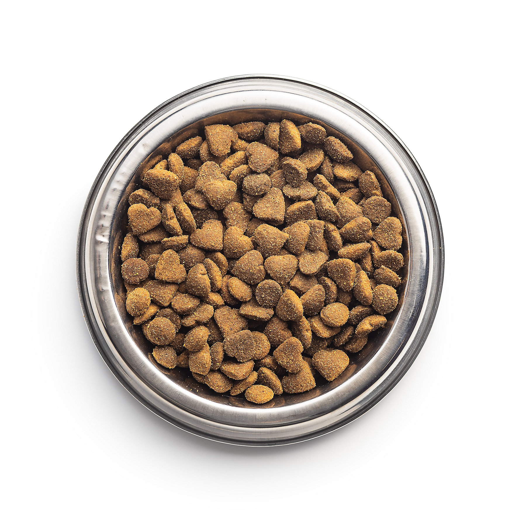 Dried kibble pet food in bowl. Heart shape dried animal food isolated on white background.; Shutterstock ID 1659011848; BU: -; Region: -; Purpose: -