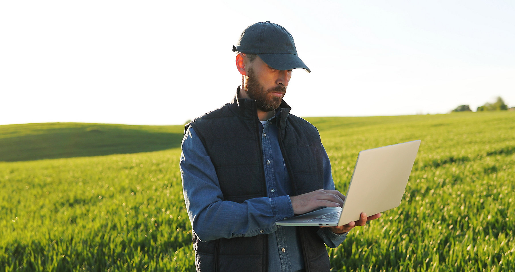 Caucasian young male farmer in hat standing in field and typing on keyboard of laptop computer. 