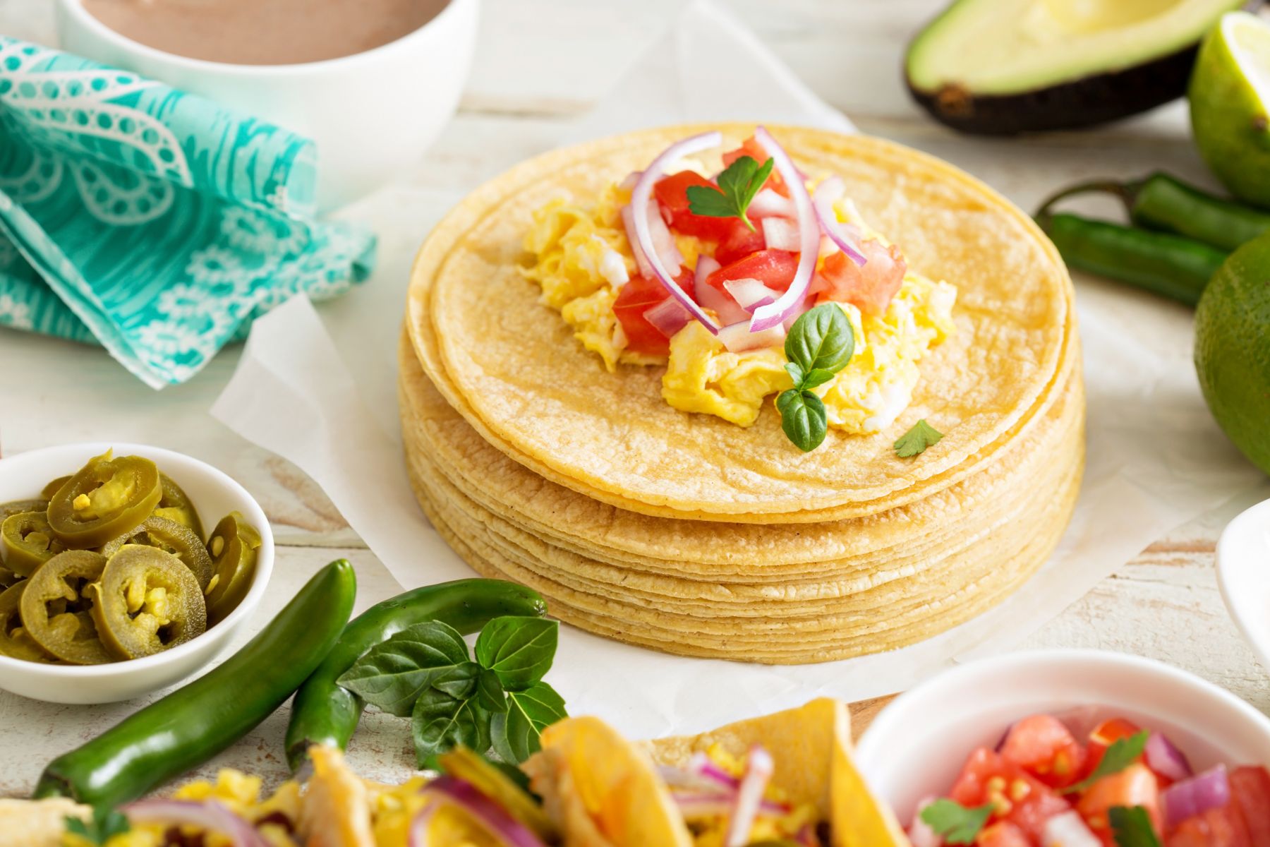 Stack of Yellow Corn Tortillas with Pico and Eggs