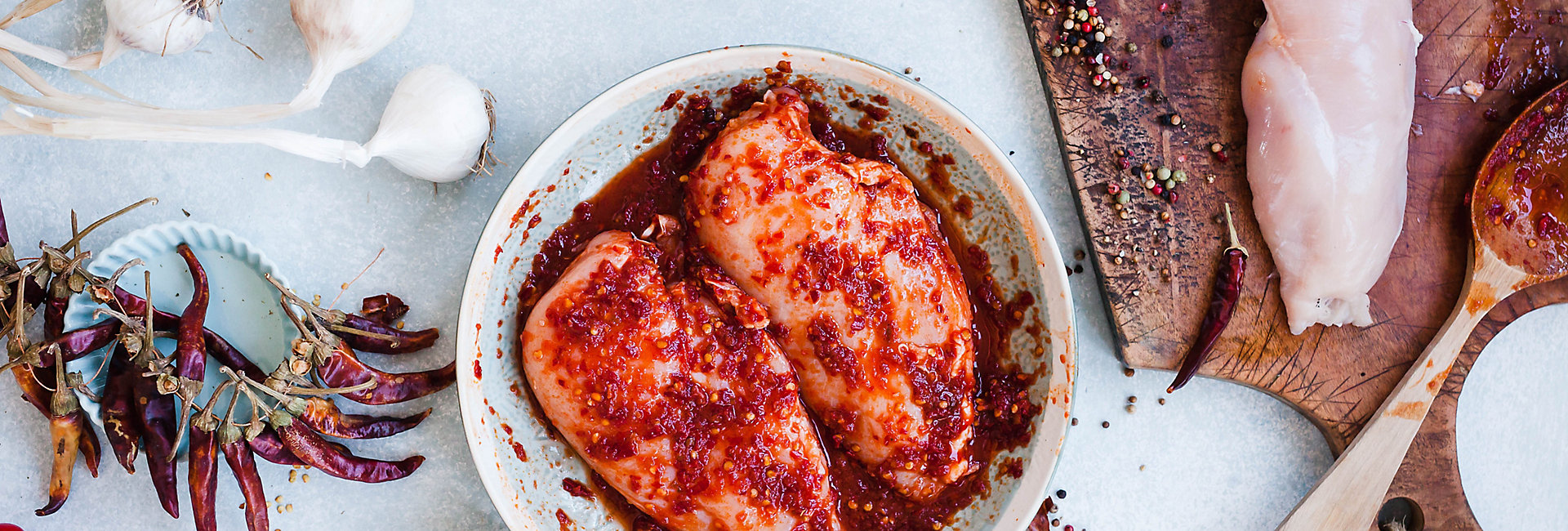 Marinated chicken breast with hot chili dragon marinated. 