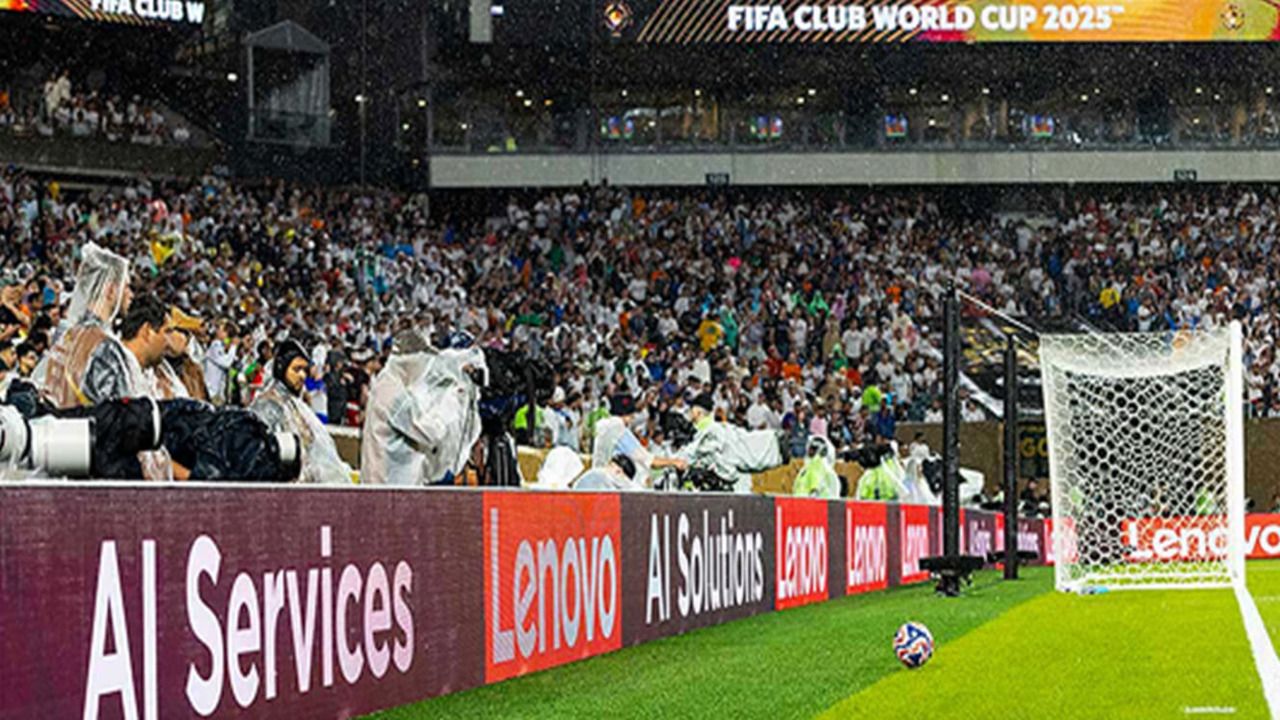 Fans in the stands at a World Cup match.