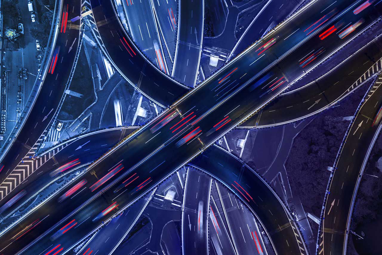 An aerial view of a highway interchange. 