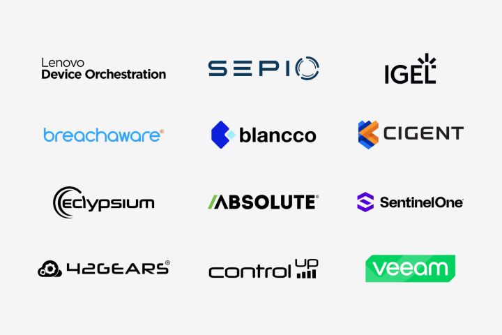 Lenovo Partnerlogos, einschließlich SentinelOne, Absolute, Sepio, Cigent, Bufferzone, ivanti, Veeam, Winmagic, Carbonite by Opentext, Filewave, Cyberark, Dynamo AI, Blancco, Eclypsium, Acronis, Secret Double Octopus, Intel, AMD, Churchill & Harriman, Qualcomm und NVIDIA.