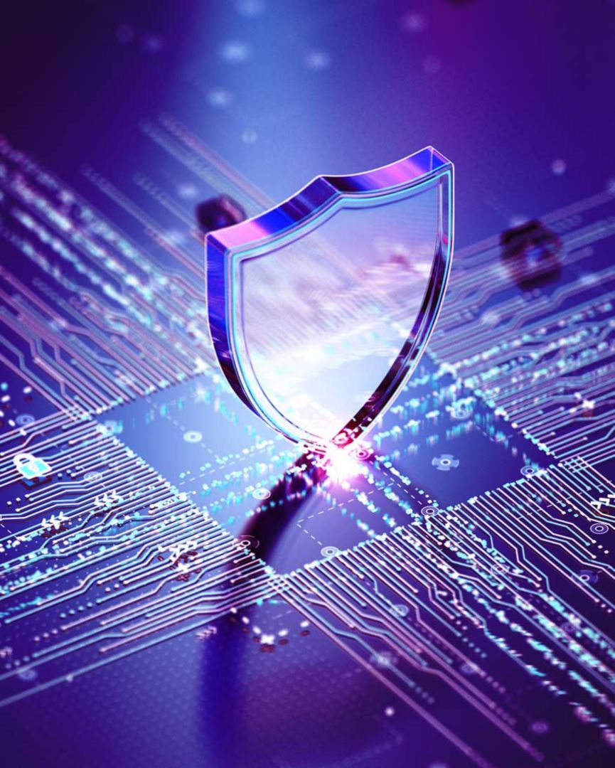 ThinkShield Iconography hovering over lit up circuitry.