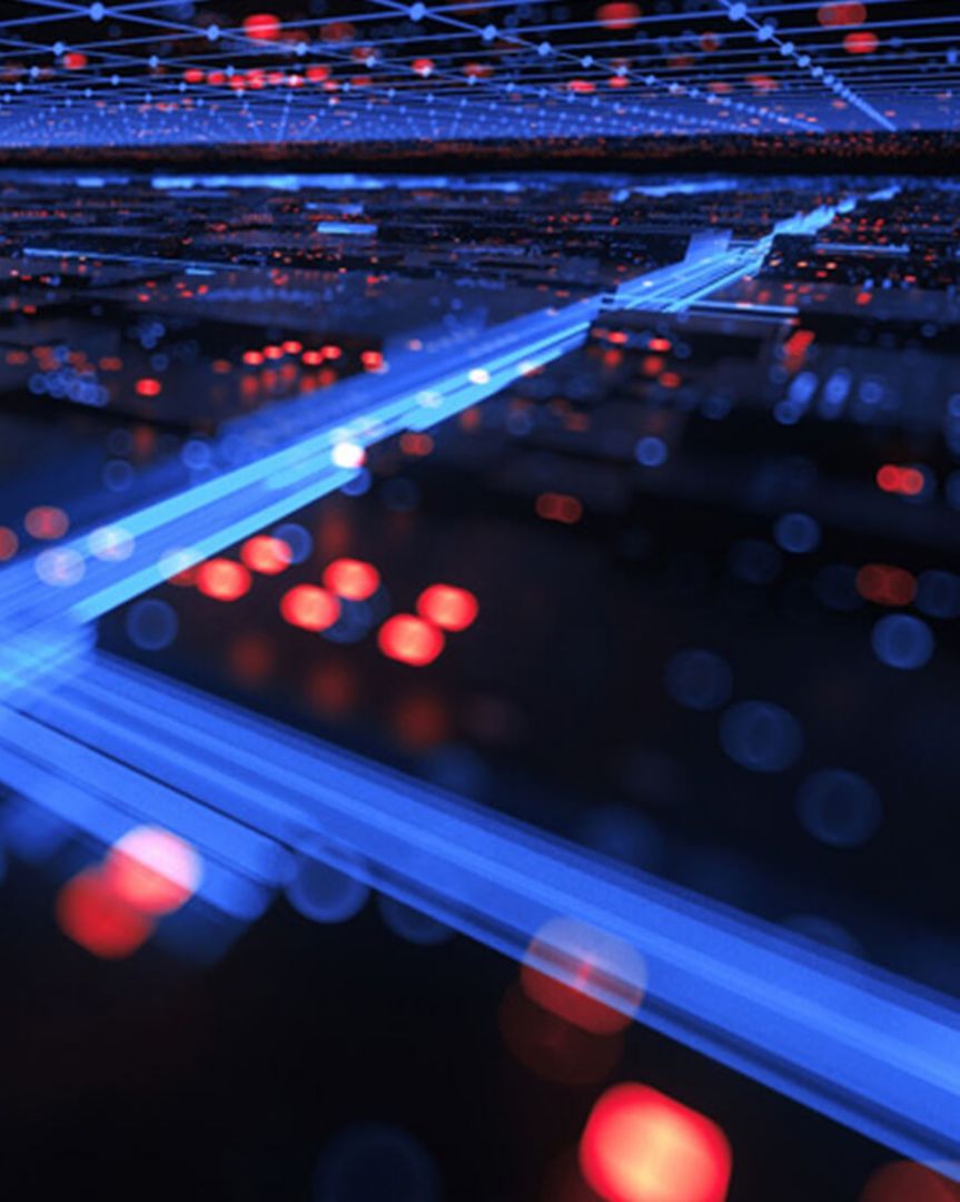 Blue beams of light with red dots. 