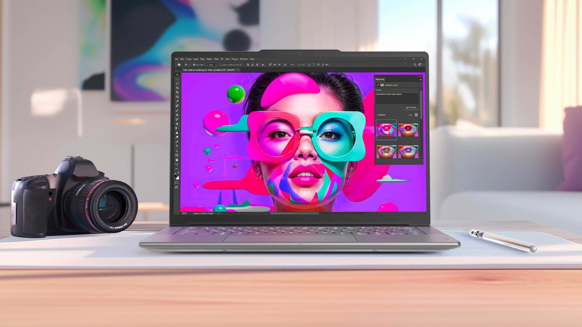 A laptop screen showing a woman’s face with colorful effects and accessories being overlayed by a designer.