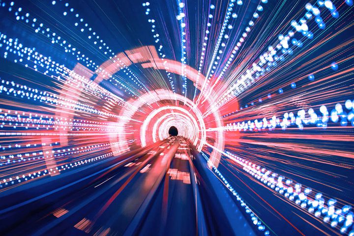 Abstract view of data center infrastructure and digital activity.
