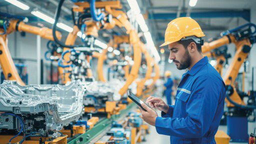 A man working on a tablet in a manufacturing facility