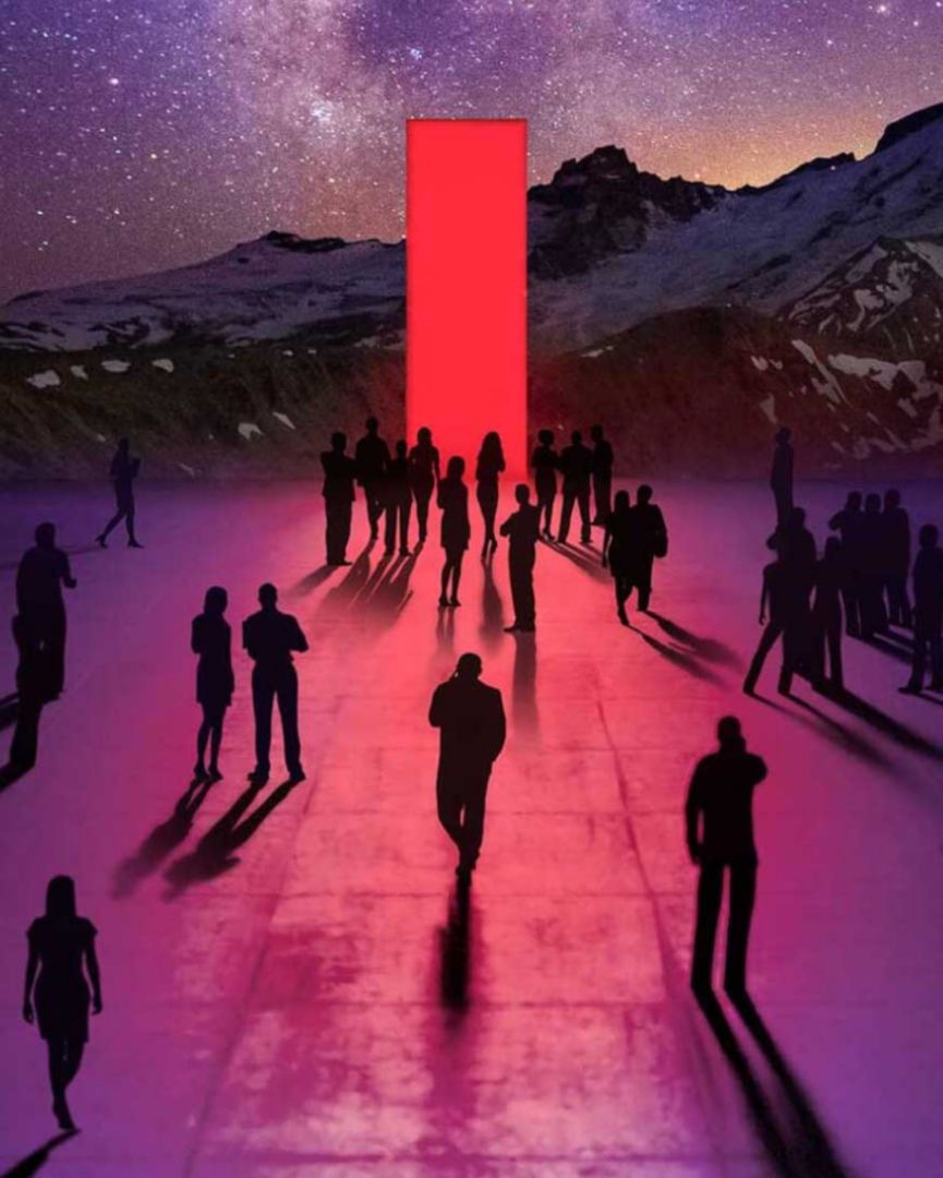 Silhouettes of people walking towards the glowing red Lenovo portal. 
