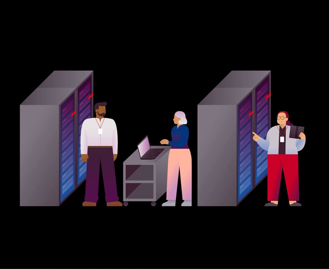 A graphic of three people working in a server room.  