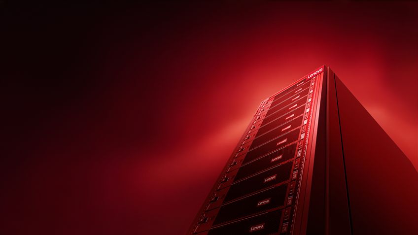 Lenovo server rack with stacked modules under red atmospheric lighting.