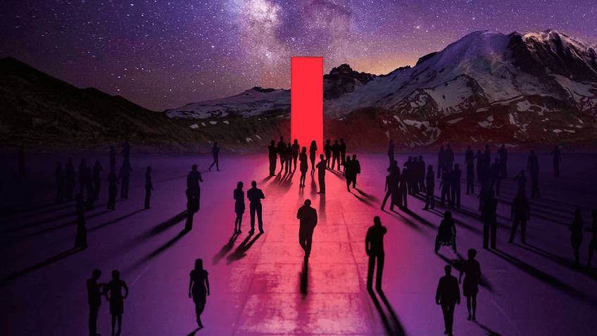 People gathered around a glowing AI display in a mountain landscape.