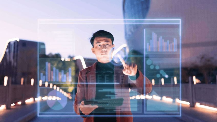 Professional interacting with AI-powered data visualizations.