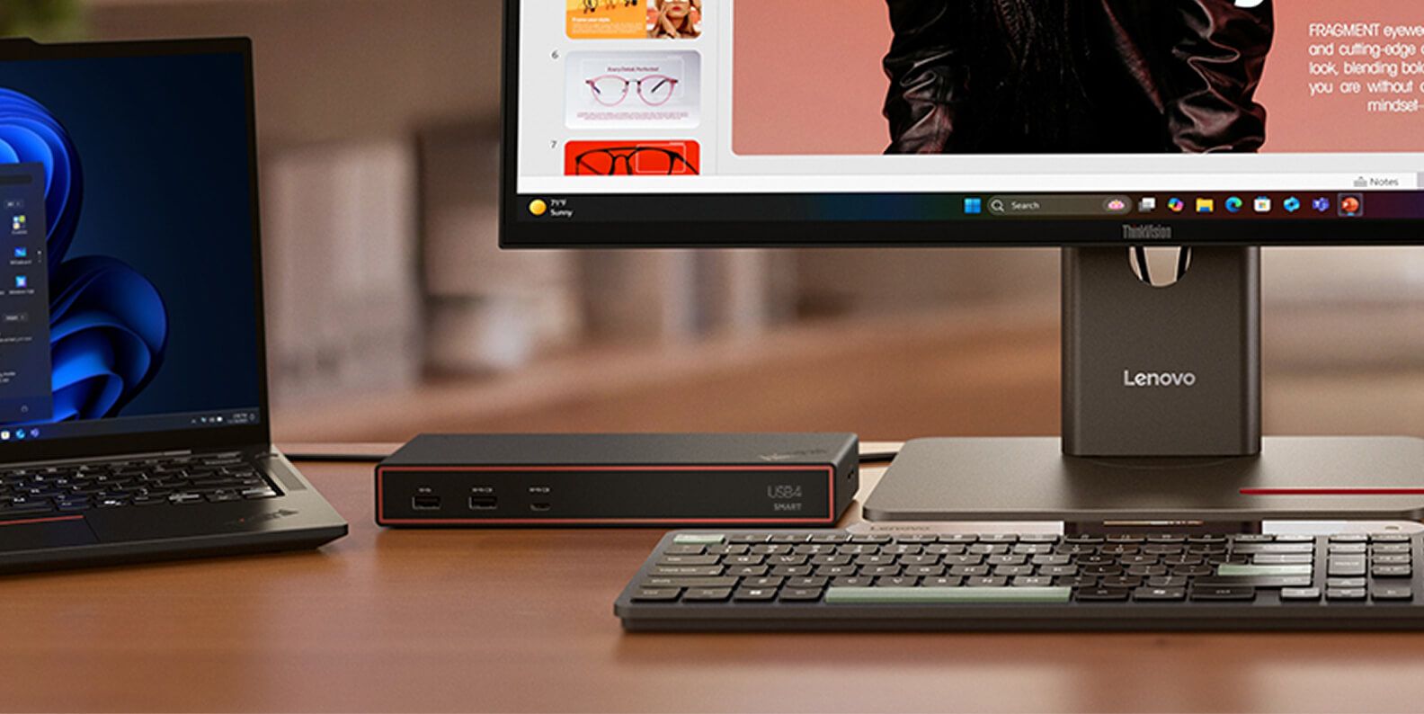 A dock between a laptop and a monitor.