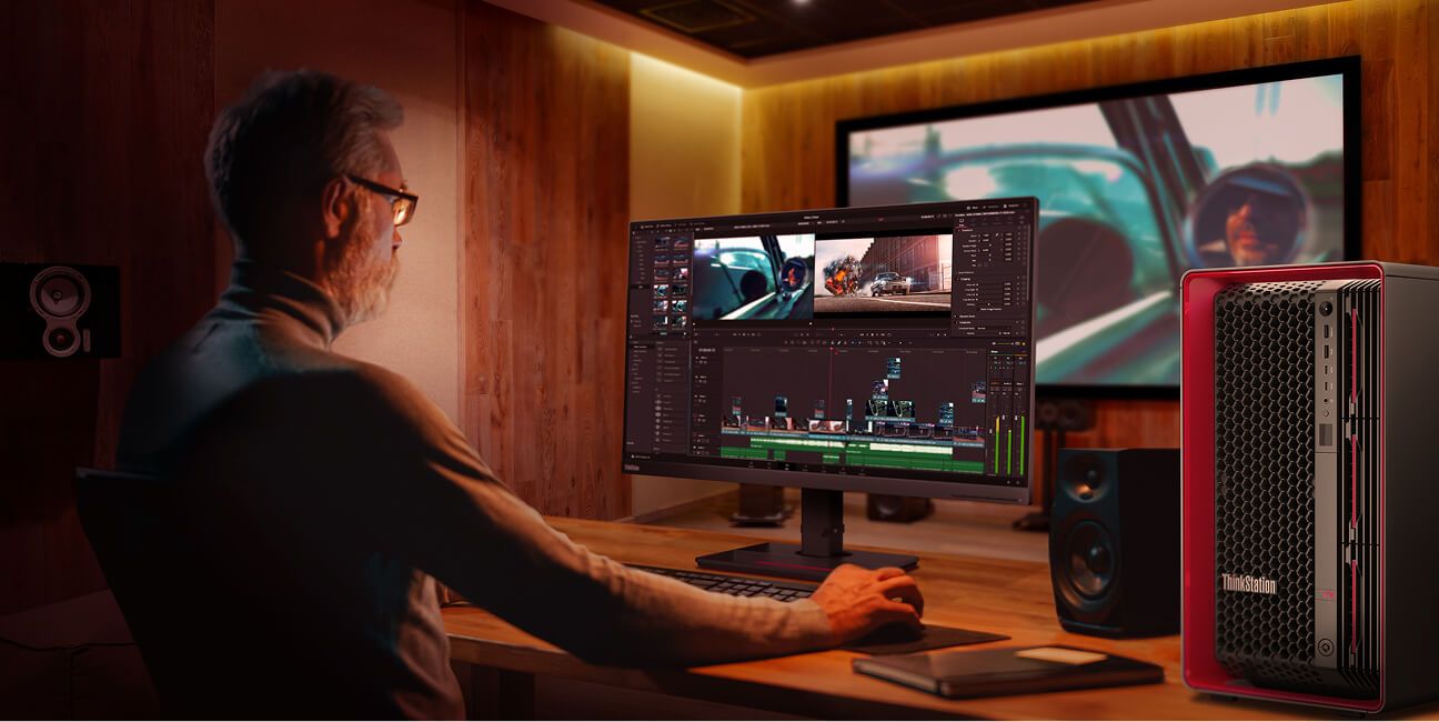 A woman using multiple screens to edit content.