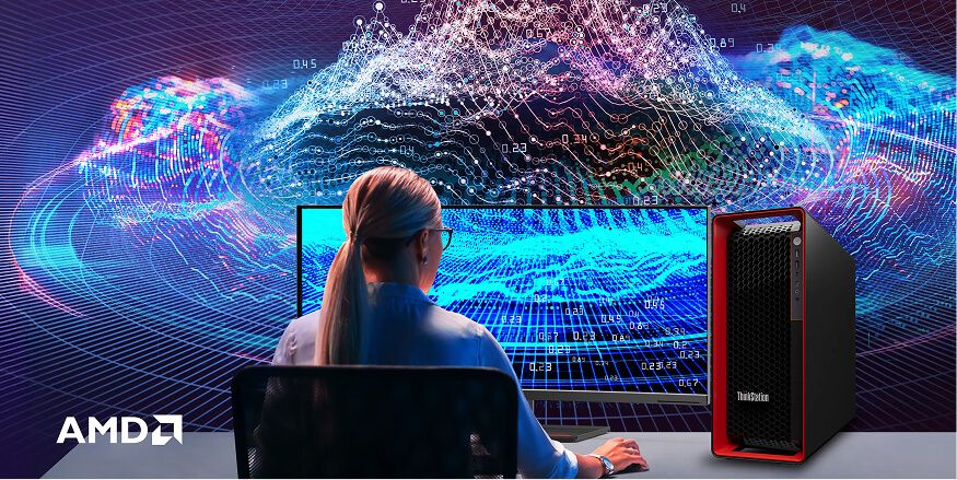 A woman working on a curved monitor with a 3-D graph projected on the wall behind her workstation.