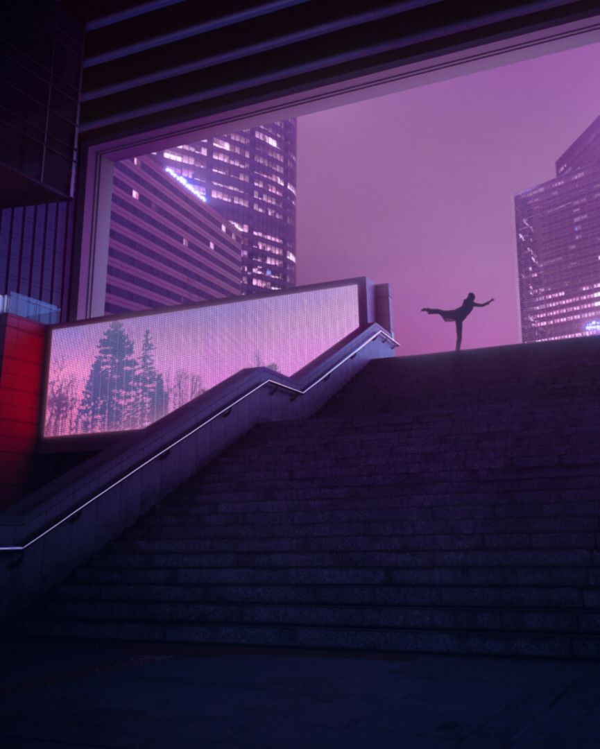 A woman balancing on one leg at the top of a staircase in the distance.