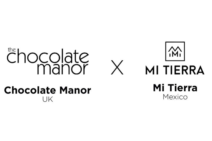 Lowercase black wordmark reading “the chocolate manor,” with “the” smaller above the business name over word UK then an X and a Square black-and-white logo featuring a peaked mountain-like symbol above the letters “MM." over the word Mexico