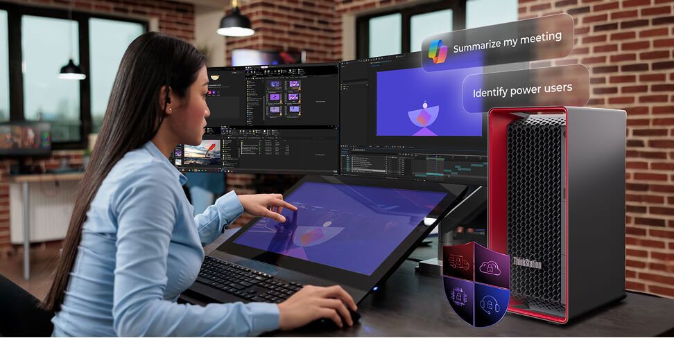 A woman using a touchscreen with two monitors and a ThinkStation on her desk.  