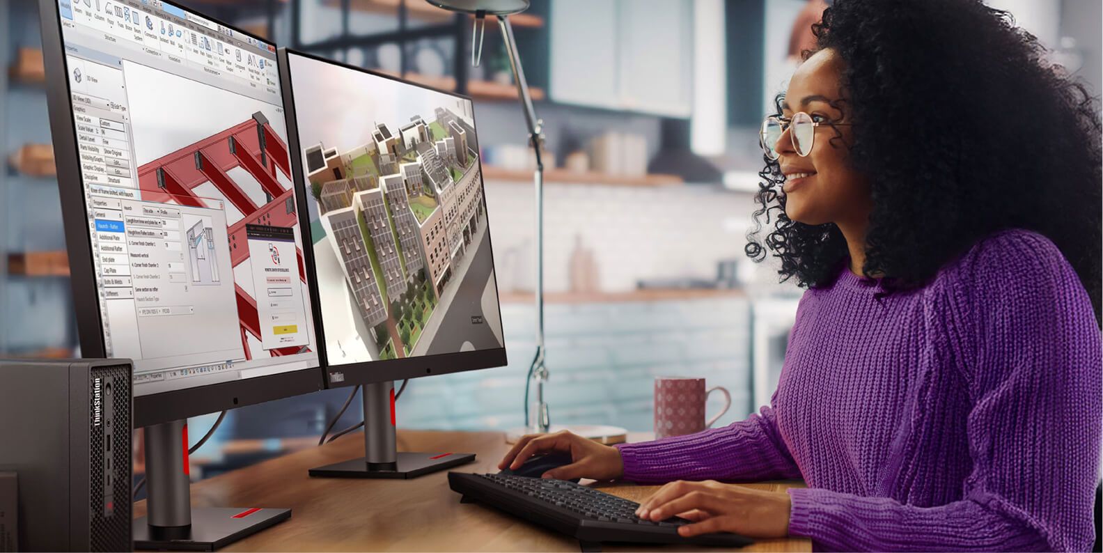 A woman in her kitchen working from home on a Workstation.