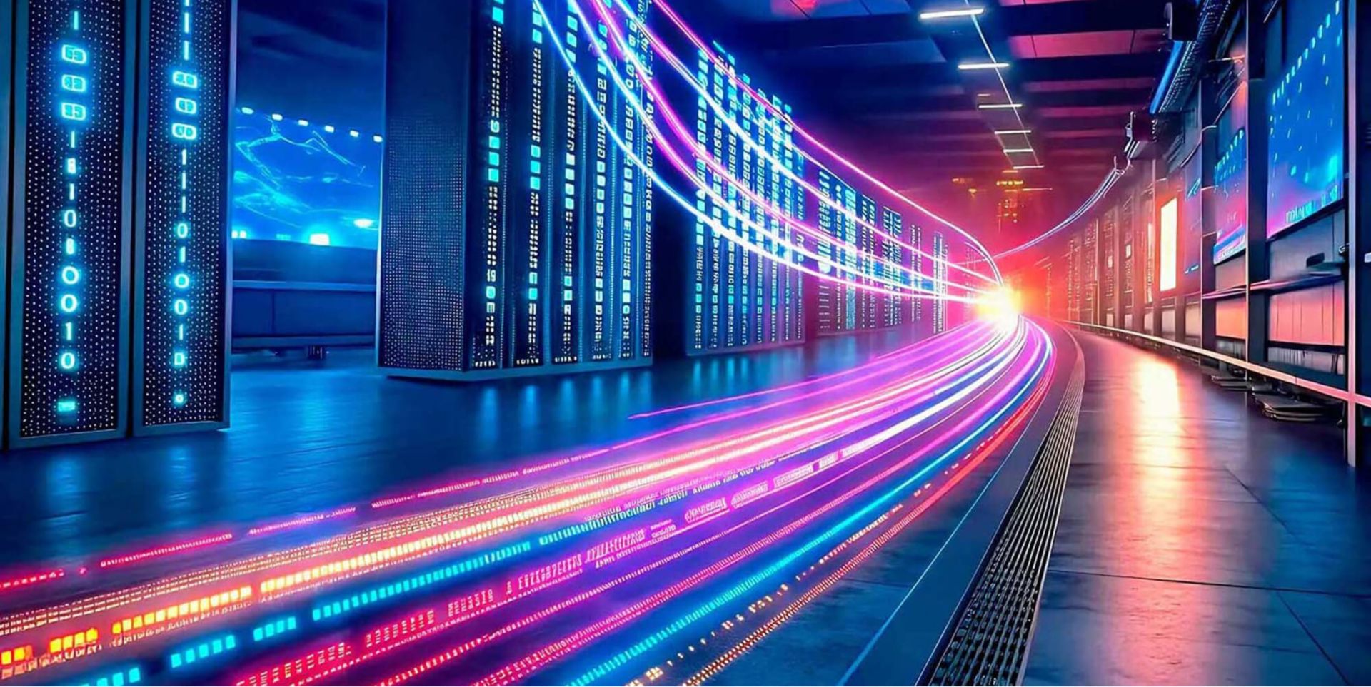 A time lapse of colorful lights zipping through a server room. 