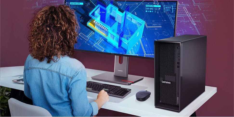 A woman using a Lenovo Workstation to build a blueprint.  