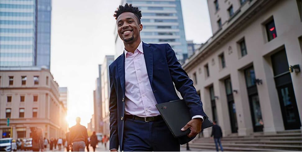 A smiling businessman walking down a city street with a laptop under his arm.  