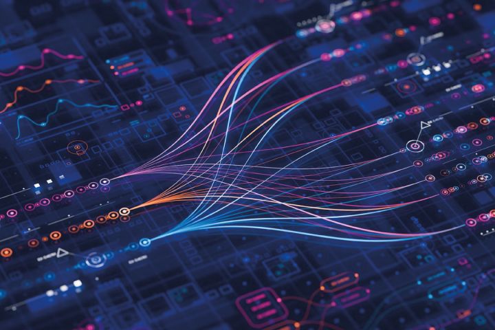 Abstract glowing data streams and nodes on a dark, grid-like background.