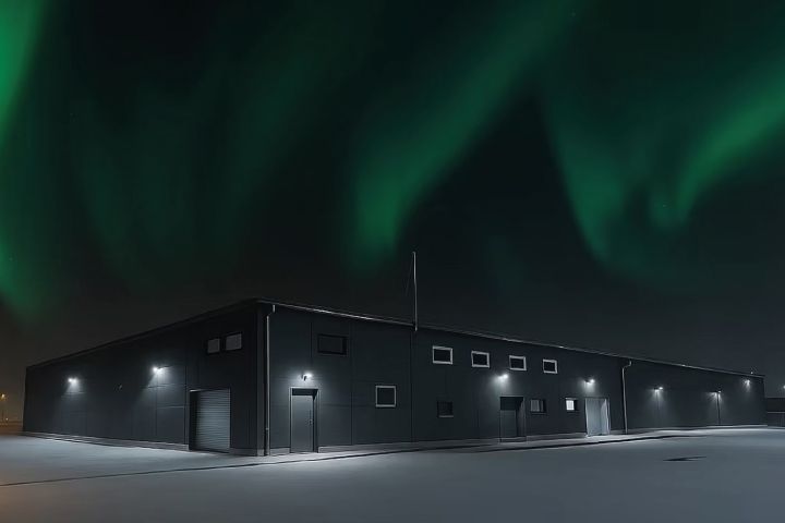 Dark building under Northern Lights with snow-covered ground.