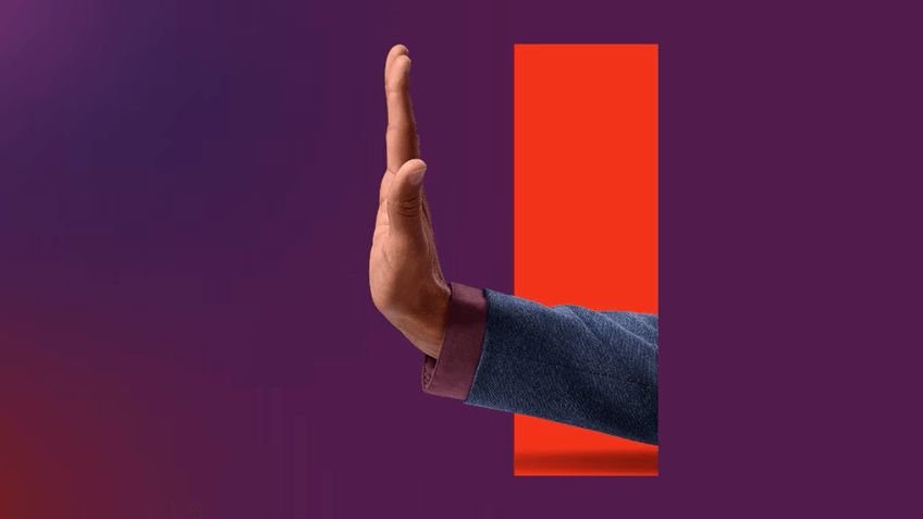 A hand coming out of red geometric cutout in a purple background