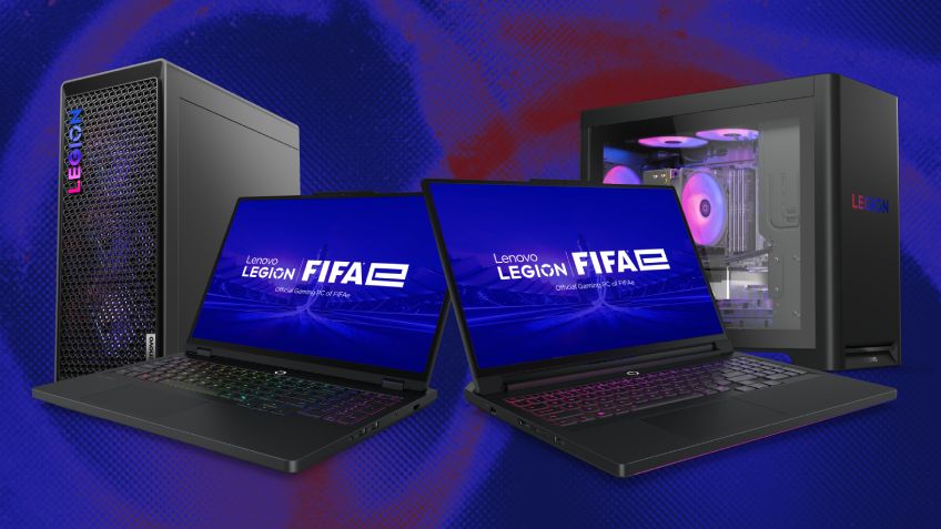 Two Lenovo computers with the FIFAe games logo on their screens.  