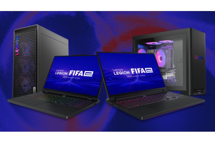 Two Lenovo computers with the FIFAe games logo on their screens.  