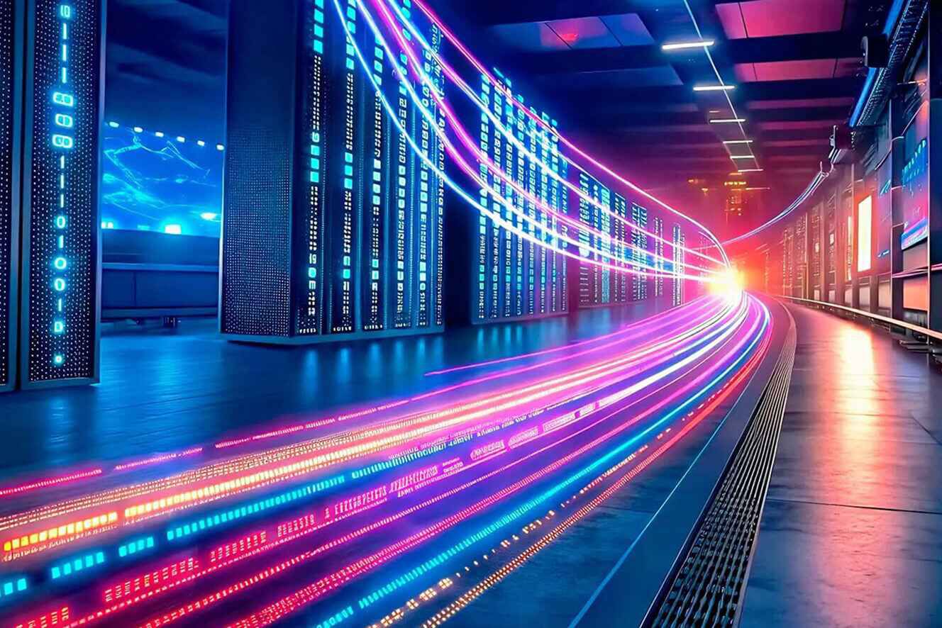 Beams of colorful lights swirling around a server room.  