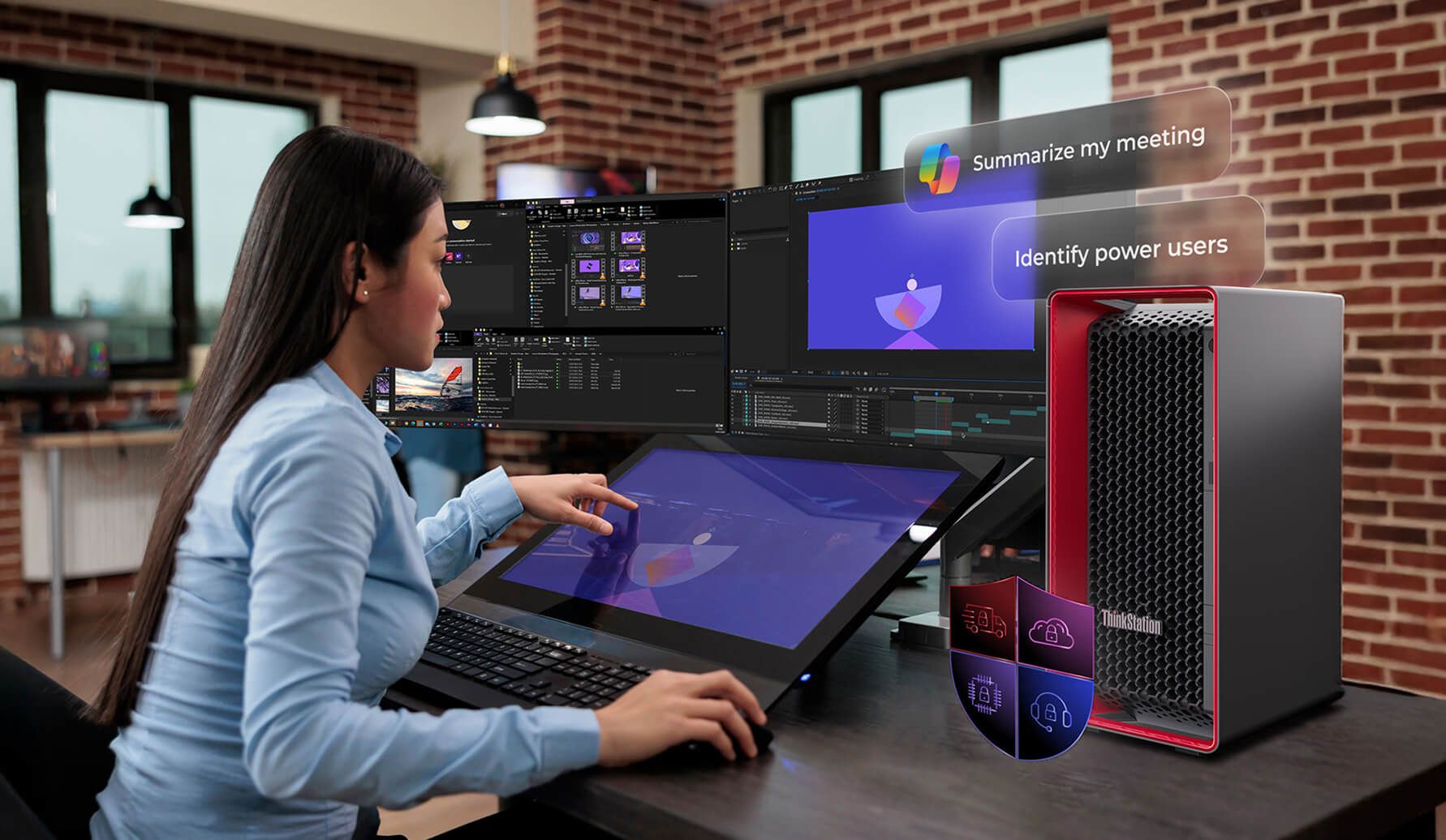 A woman working on a touchscreen with monitors and a ThinkStation, the Copilot and ThinkShield logos overlayed.