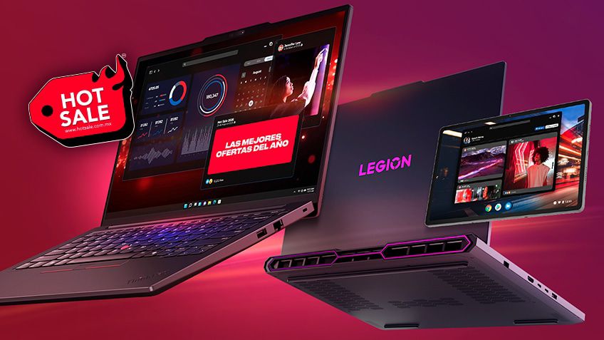 dos computadoras Lenovo abiertas una de frente y una de dorso con logo hot sale 2026 y claim de campaña
