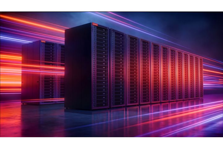 Lenovo server racks with dynamic neon light trails in a futuristic data centre.