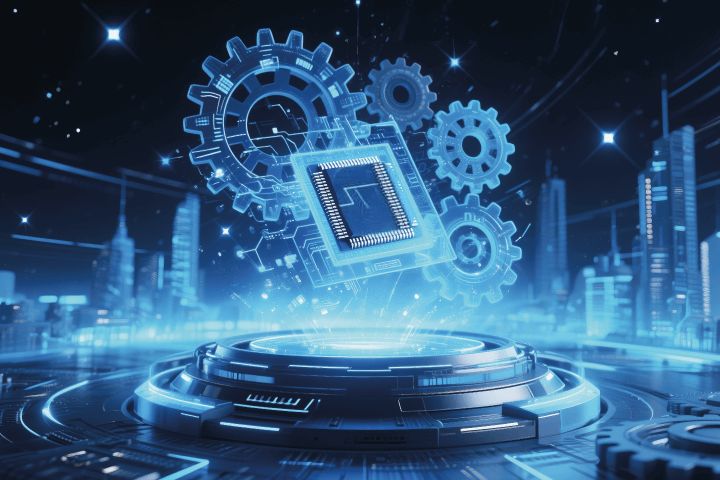 Glowing microchip and gears above a futuristic cityscape.