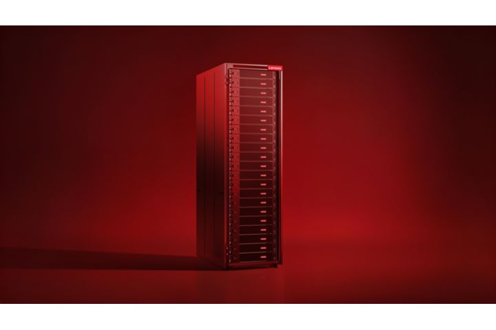 Lenovo server rack with blade servers in a red-lit environment.