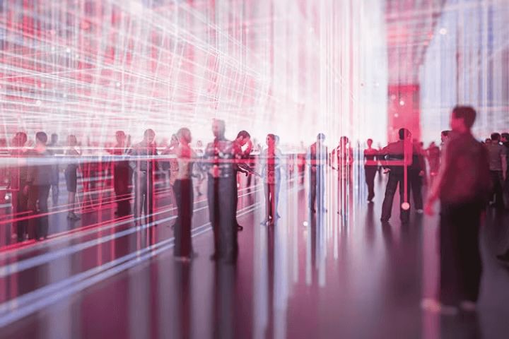 Distorted view of people in a line with lights all around