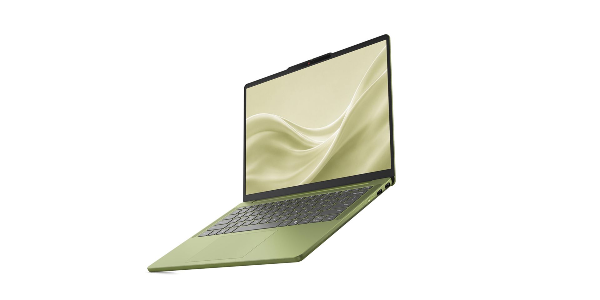 Right angle view, showing keyboard and display, of an Ideapad laptop.