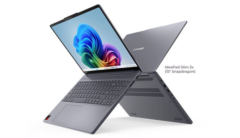 Two models, arranged in an "X" shape, of the IdeaPad Slim 3x (15" Snapdragon). 