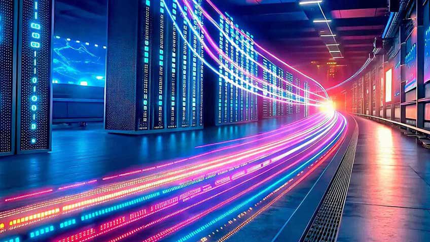 Color lights weaving through a server room.