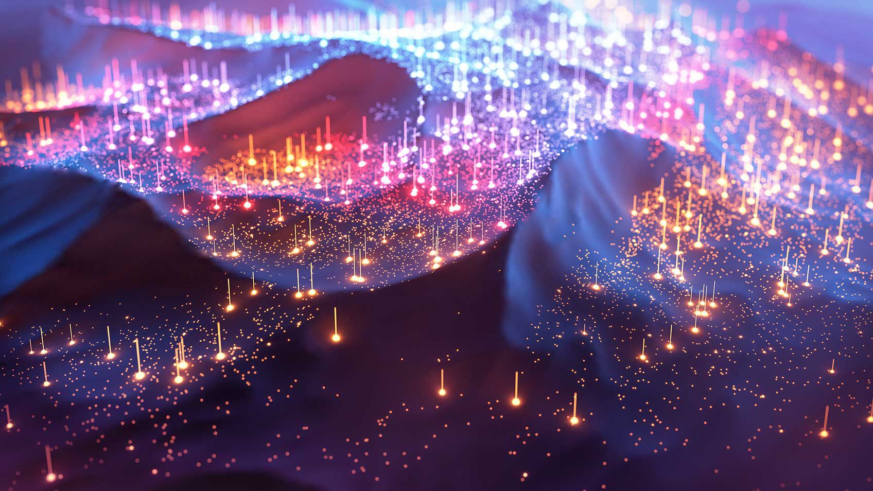An abstract image of a topographic map with pinpoints of gold and purple light on a dark background.