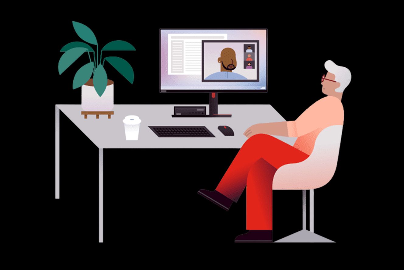 Un gráfico de un hombre en un escritorio teniendo una llamada de videoconferencia en su sistema de escritorio.
