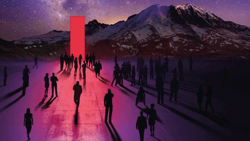 Crowd gathers around a glowing red monolith under a starry sky with mountains in the background.